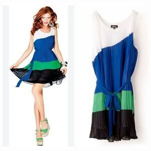 NEW Vintage Y2K 2001 Bebe Chiffon Pleated Colorblock Sleeveless Belted Dress XS
